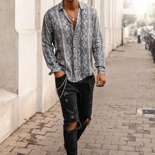 Camisa Para Hombres Informal Calce Ajustado Piel de Serpiente Estampada Manga Larga Fiesta Cuello Top - Imagen 4 de 6