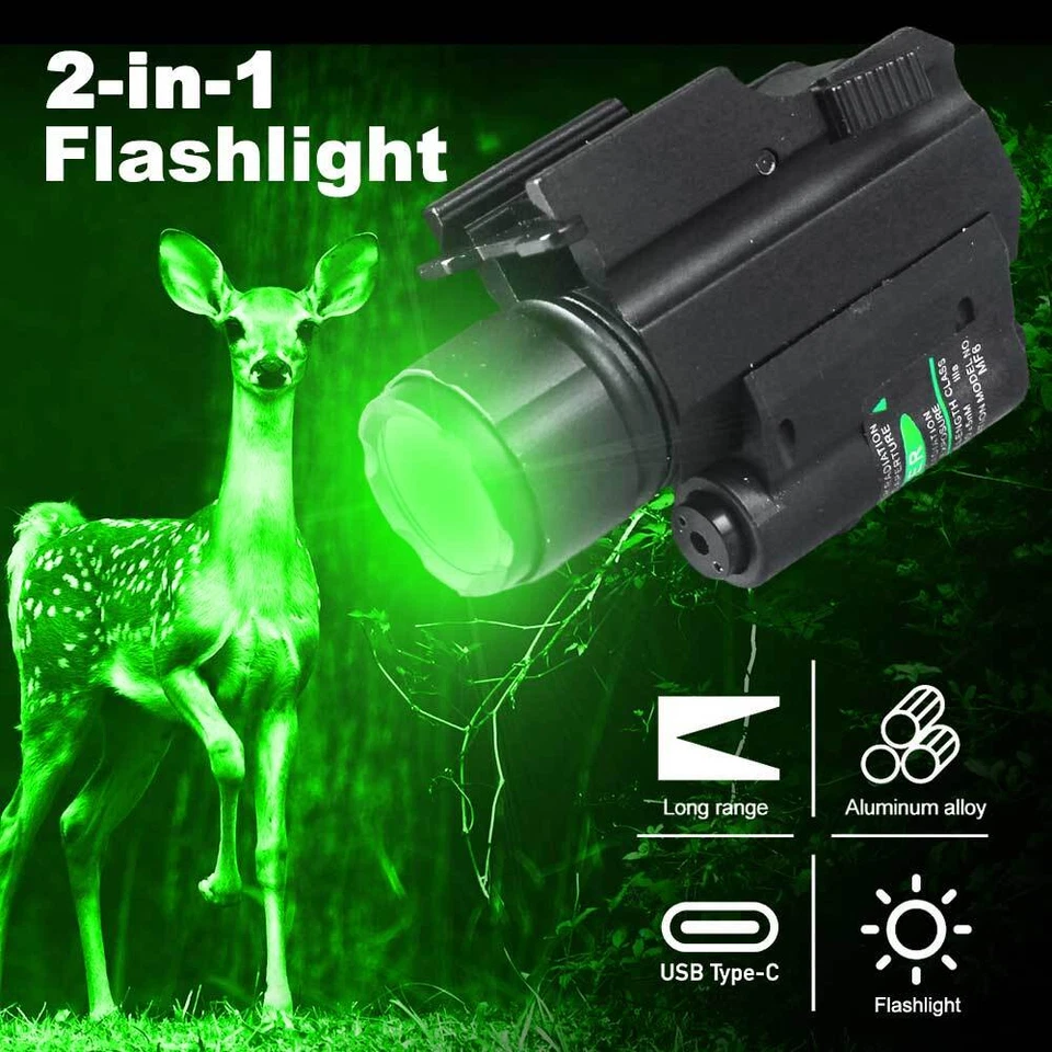 USB Rechargeable Red/Green LED Flashlight Pistol Light w/ Laser Sight 20mm Rail - Image 2 of 4
