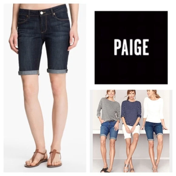 NWT PAIGE Premium Denim 27 Bermuda shorts stretch dark wash cuffed rolled blue 