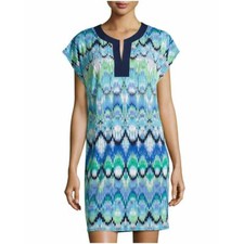 LAUNDRY SUMMER GREEN MULTI GEOMETRIC SHIFT SPLIT NECK DRESS SIZE: M NWT $138
