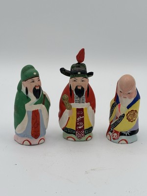 Vintage Hui Shan Clay Figures Set Of 3 Hand Painted Chinese Ming Dynasty Models