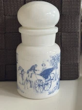 Set of 5 Vintage Milk Glass Spice Jar Bubble Top White And Blue Belgium