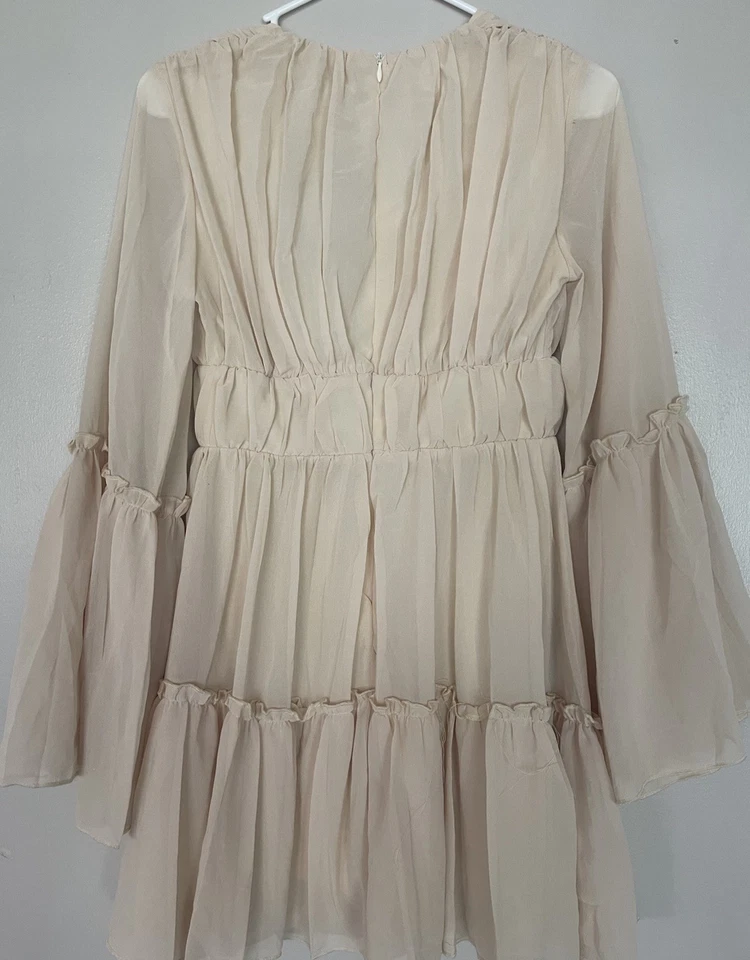 Vestido recto con volantes para mujer cuello profundo - crema - XS Foto 2 de 4