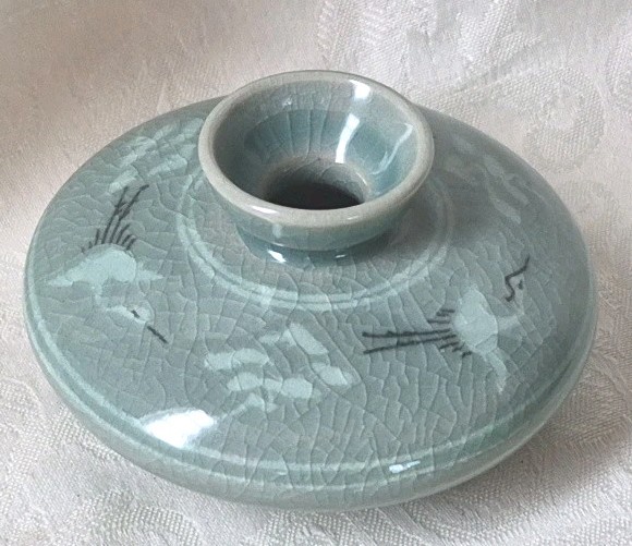 Antique Korean Inlaid Cranes Artwork Celadon Porcelain Water Pot Weed Vase Old!