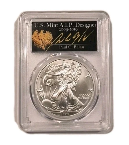 2020 (P) SILVER EAGLE PCGS MS70 FS EMERGENCY ISSUE. U.S Mint Designer LABEL.