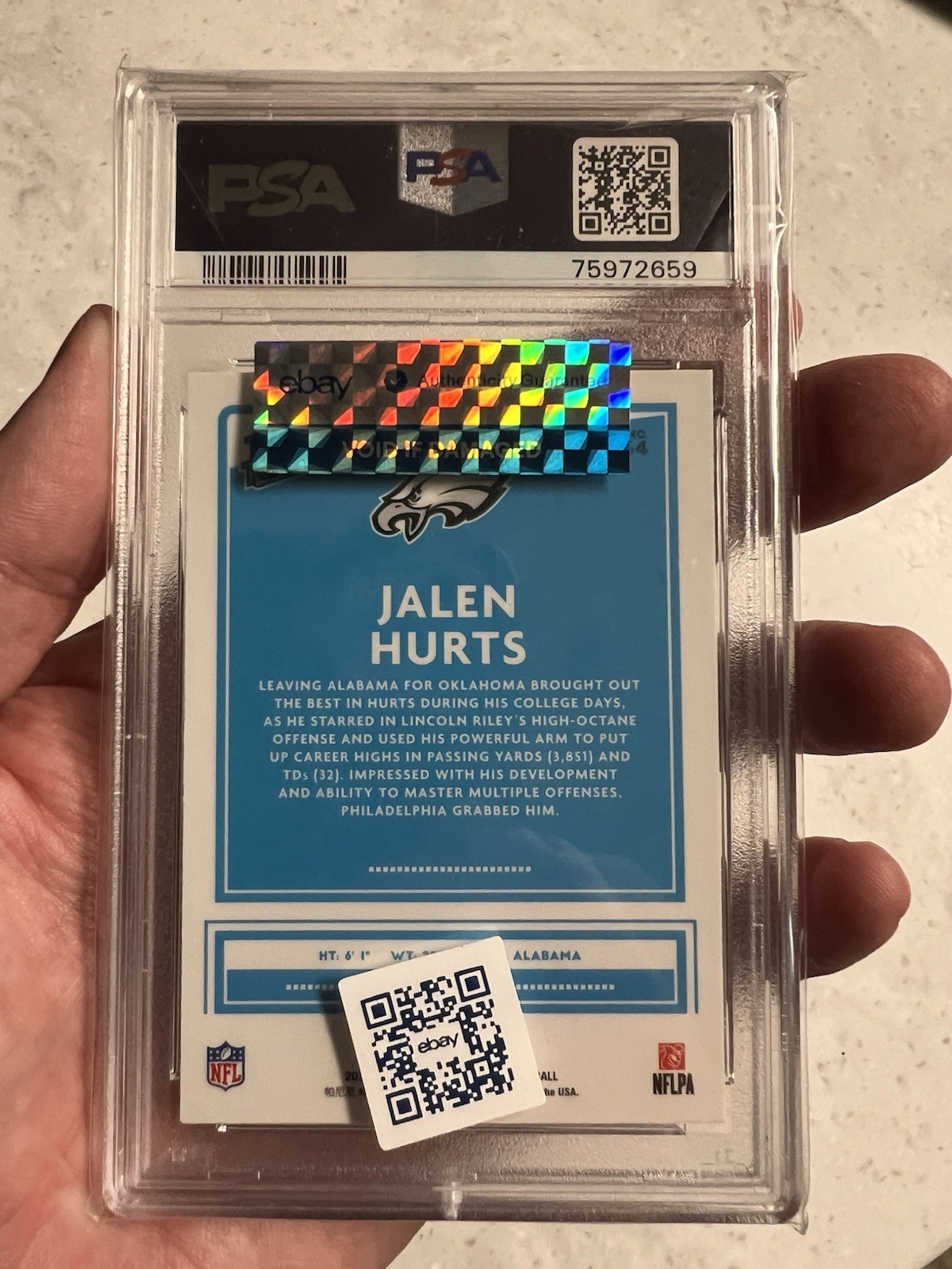 2020 Panini Donruss Optic Rated Rookies Jalen Hurts #164 Holo Prizm (RC) PSA 10 view 2