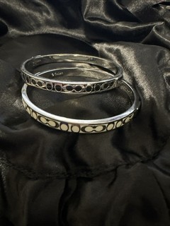 Two Coach Silver And Enamel Bangle Bracelets Black & White