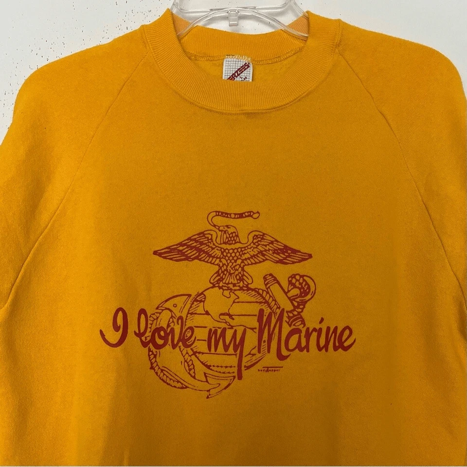 Sudadera Jerzees I Love My Marine USMC Para Hombre Grande De Colección Años 90 Crew Dorado Rojo Foto 4 de 4