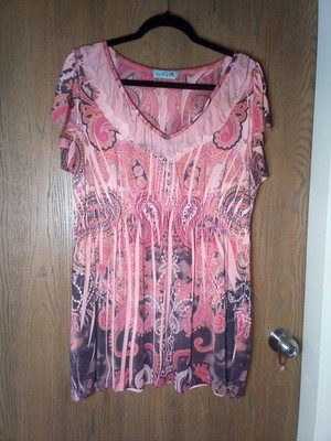 Unity World Wear Petite Coral & Black Stud Ruffle V Neck Ruched Tunic Sz PXL