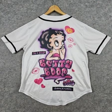 Betty Boop Print Baseball Jersey White Black Trim Button Up Women's Size L SPOT