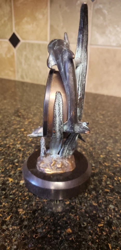 Stunning Brass Frame Marble Base Coastal Dolphin Tabletop Clock Home Decor READ - Image 4 of 4