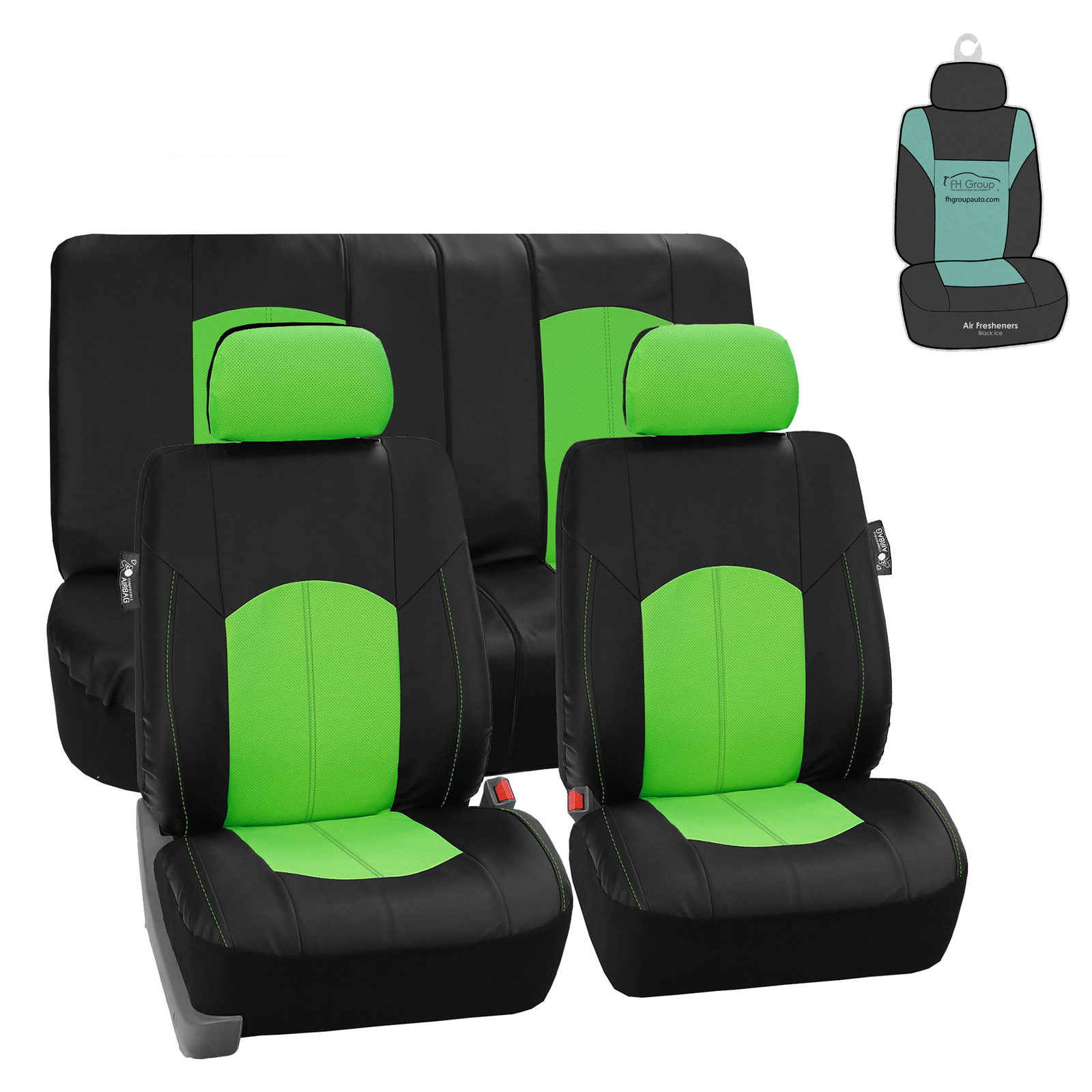 Green Black Faux Leather Seat Covers Full Interior Set w/ Free Air Freshener