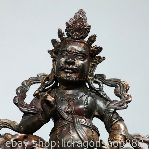Statua Divinità Protettore Leone 12" Vecchia Divinità Cinese Rame Dorato Buddismo Vaishravana - Foto 8 di 9