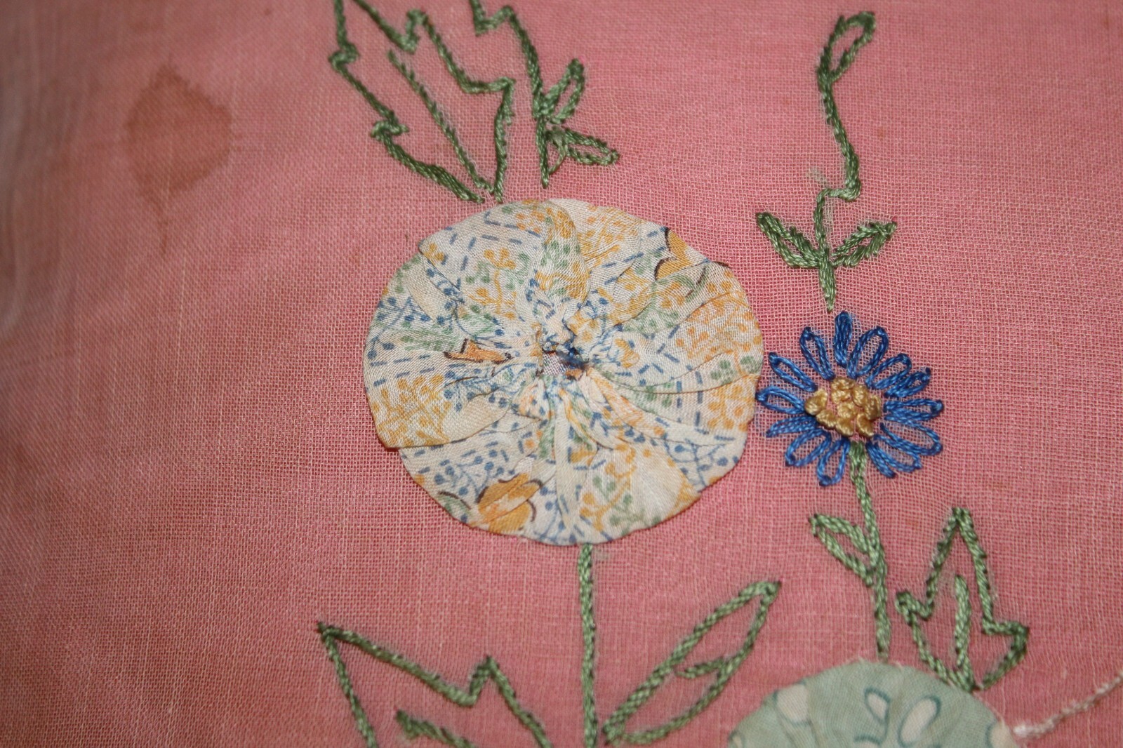 Vintage Art Deco Boudoir Bed Pillow Embroidery YoYo Flowers Sheer