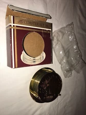 Vintage 6 Etched Gold Plated Drink Coasters & Rack Holder Caddy Shell Deco Fan