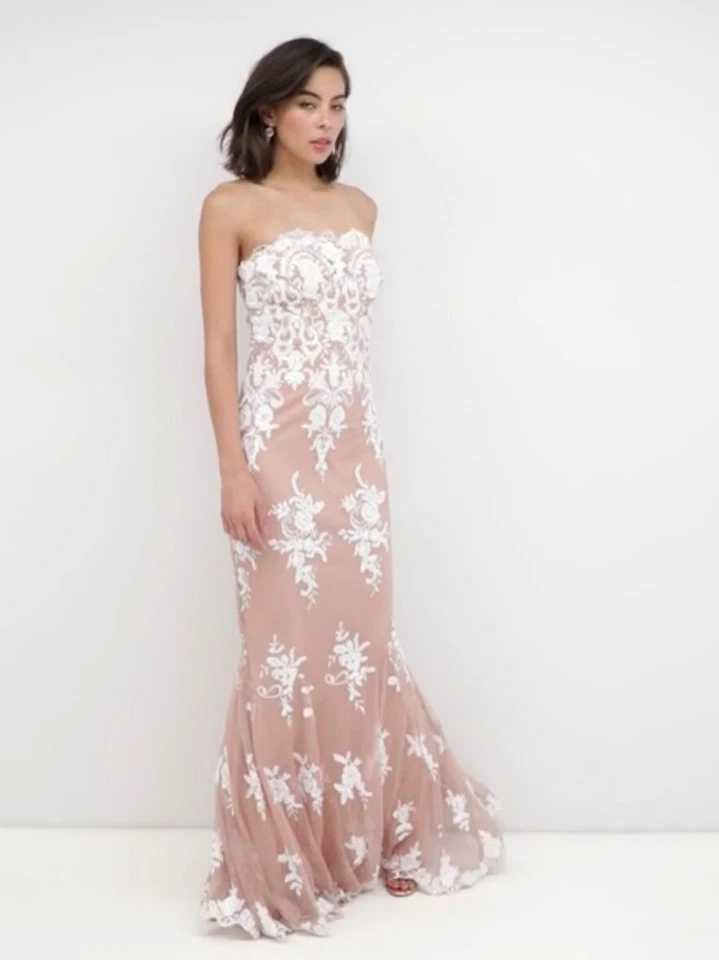 City Goddess size 12 Strapless Sequin Embroidered Nude Pink and White Maxi Dress - Image 3 of 4