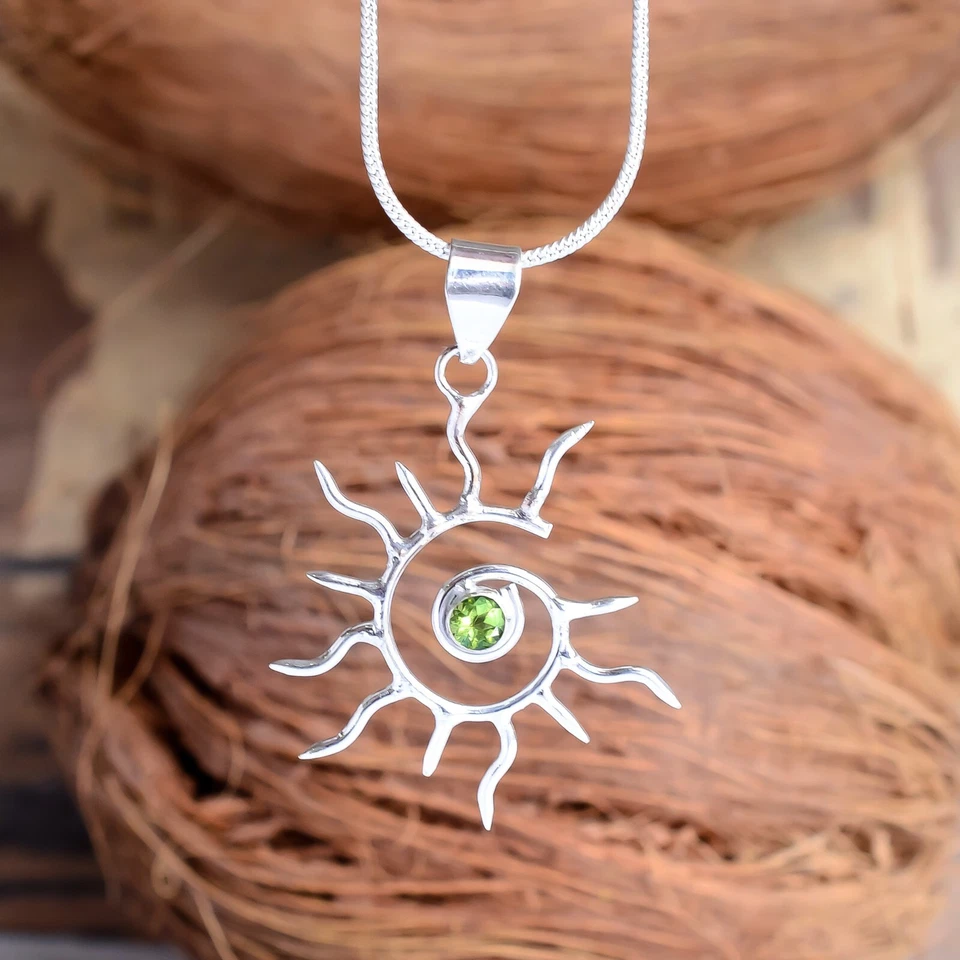 Peridot Cut Gemstone925 Sterling Silver Jewelry Designer Sun Pendant Necklace-BC - Image 4 of 4