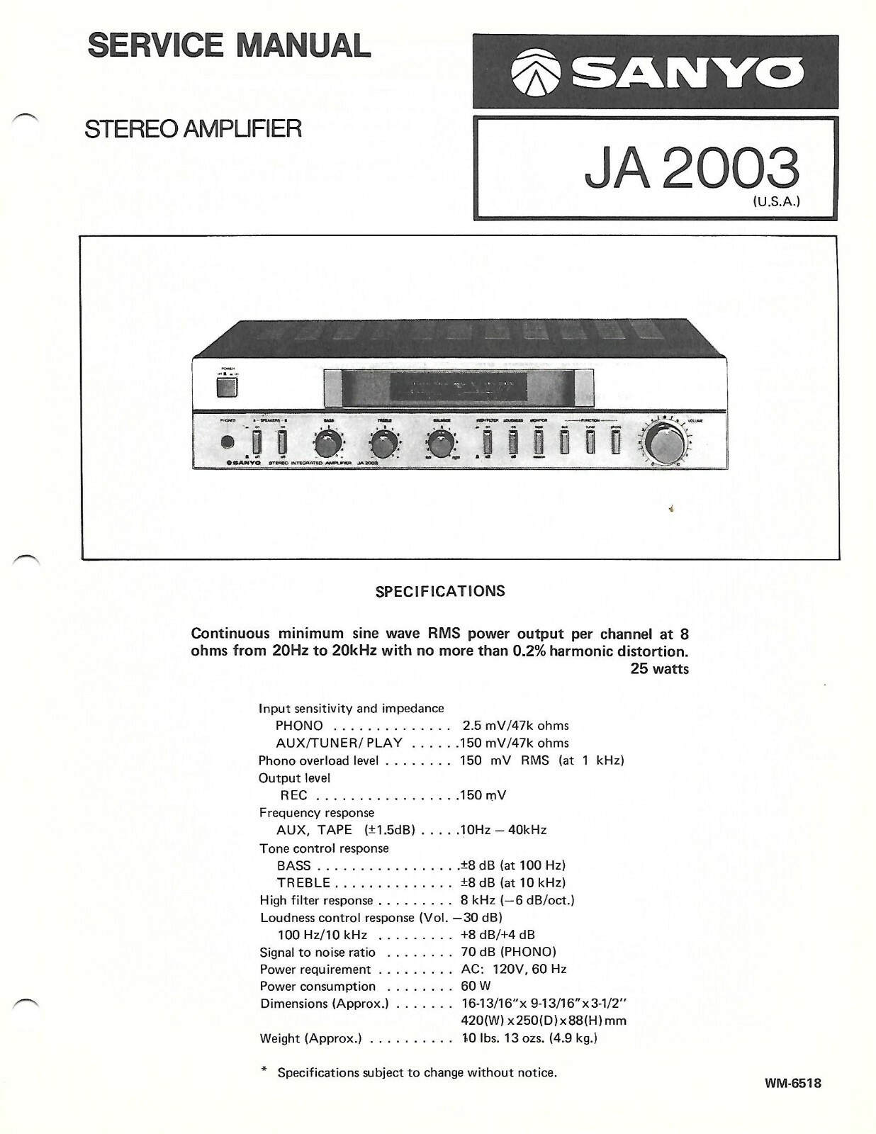SANYO JA2003 STEREO AMPLIFIER FACTORY REPAIR SERVICE MANUAL ENGLISH