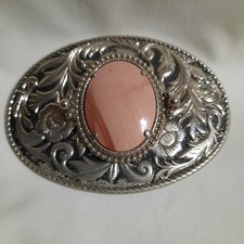 VINTAGE Western Tooled leather look Belt Buckle with Red Fiesta Agate GemStone