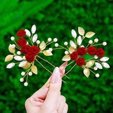 Bridal Rose Hair Pin Red Flower Hair Comb Gold Leaf Wedding Headpieces Crysta...
