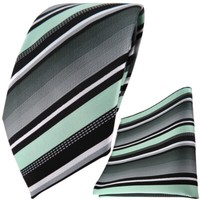 Tigertie Designer Krawatte + Einstecktuch In Mint Silber Grau Weiss Gestreift