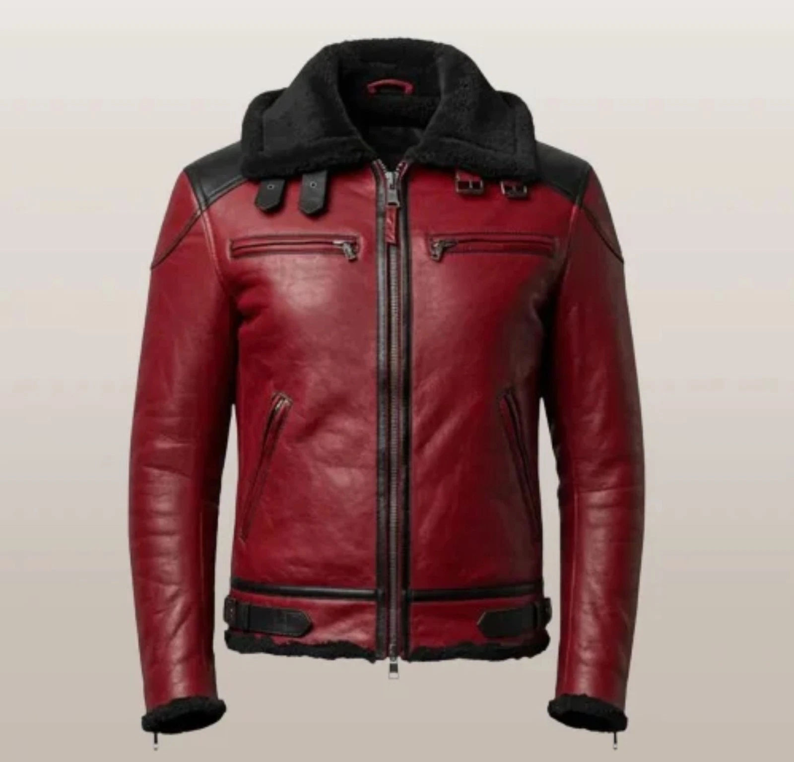 Men's Burgundy B3 RAF Aviator Shearling Fur Jacket Real Sheepskin Leather Jacket - product detail image 1