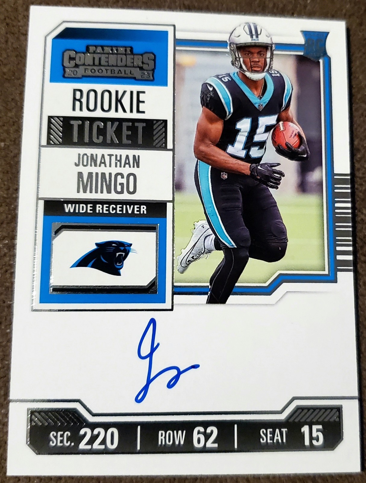 Jonathan Mingo Auto 2023 Panini Contenders Rookie Ticket RC Carolina, Dallas