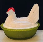 Hen On Nest By Westmoreland Glass/Vintage/Green Frosted Base W/Milk Glass Top