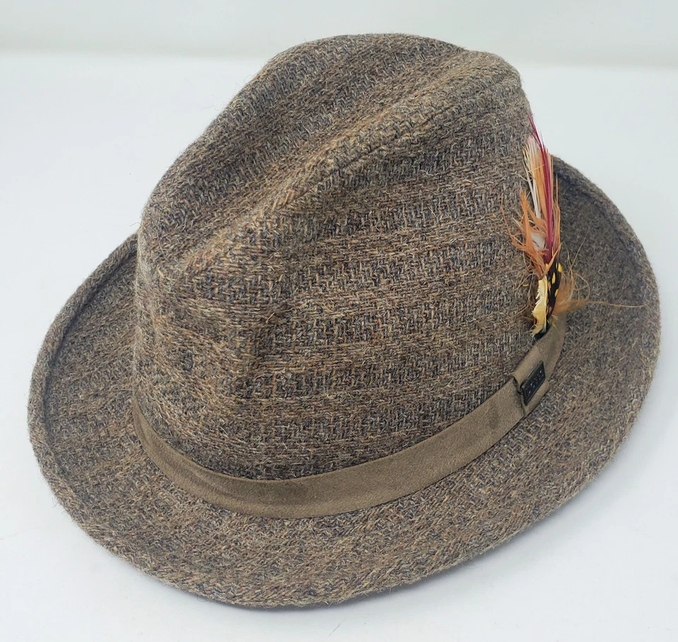 De Colección Dobbs Nueva York Para Hombres Talla Grande 7 (56) Lana Pluma Tweed Marrón Fedora Sombrero EE. UU. Foto 4 de 4