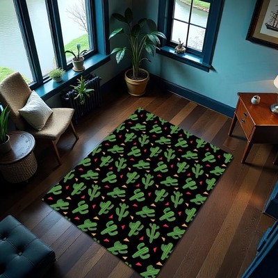 Black Green Cactus Rug Desert Style Carpet with Triangle Print Bedroom Mat