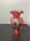 Fenton Pansies on Cranberry Vase Hand Painted by Jo Reynolds