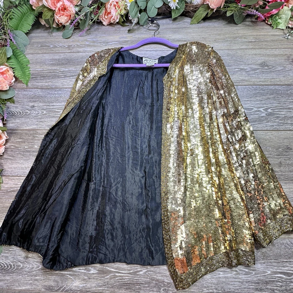 Chaqueta de Noche Vintage Lentejuelas Talla Mediana Mujer’s Seda Dorado Fiesta Blazer Brillante Foto 3 de 4