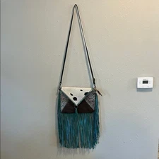Myra Bag Cowhide Brown & Turquoise Leather Fringe Crossbody Bag Western