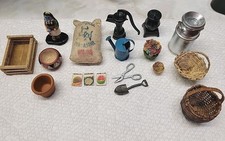 Vintage Miniature Mixed Lot 17-Piece Metal, Wood Woven Dollhouse Accessories