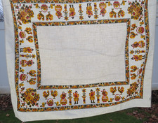 Vintage Linen Tablecloth 62" X 52" Folk Art Eastern Dutch Polish Houses Chicken