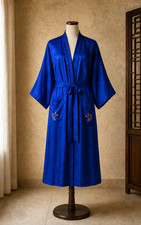 Vintage Style Chinese Blue Satin Robe Size Small Embroidered Dragon Floral Robe