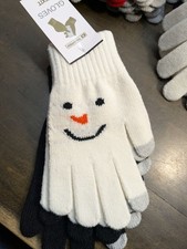 Touchscreen-Compatible Knit Gloves 2-Pair Set With Snowman Design Black White