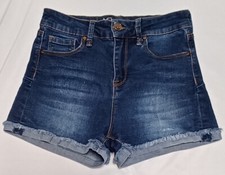 No Boundaries High Rise Dark Wash Blue Denim Frayed Cuffed Shorts Juniors Size 3