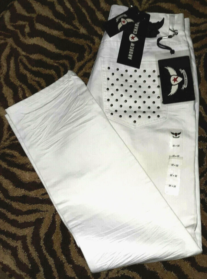 Pantalones de mezclilla rectos blancos Steven Tyler para Andrew Charles nuevos para hombre talla 32X32 tachuelas Foto 3 de 4