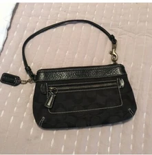 Coach Black Wristlet Signature C Jacquard Canvas & Leather With Charm Pull