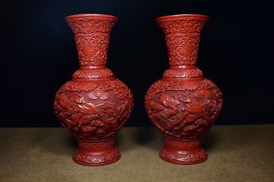 Chinese Vintage Lacquerware Nicely Carved Dragon Vases A Pair Home Decor Art