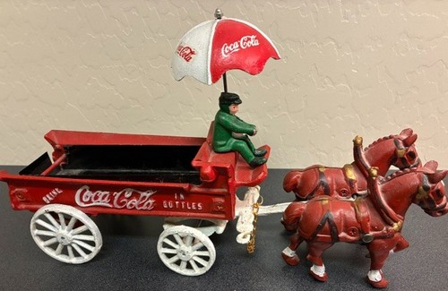 Vintage Cast Iron Coca Cola Horse Drawn Wagon Price Products Driver Umbrella - Picture 1 of 6
