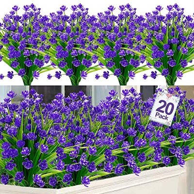 20 Bundles Purple Artificial Flowers for Outdoors, Spring Grass Camellia Fake
