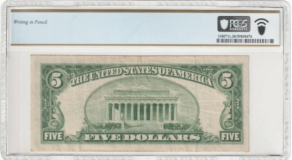 Fr. 1965-F 1950D $5 desalinhamento de sobreimpressão e erro parcial de deslocamento de volta à face - Imagem 2 de 2