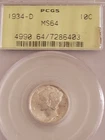 1934 D Mercury Dime PCGS MS 64  Green Holder Mint State 64
