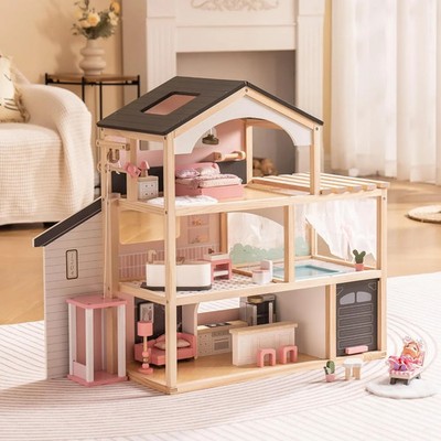 Robud Kids Wooden Dollhouse w/ Furniture Florida Black Playset for Ages3+