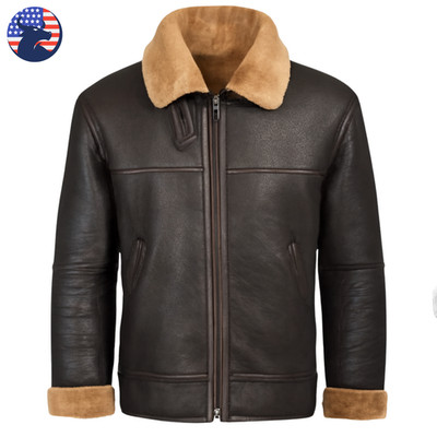 Men s Real Aviator B3 Bomber Brown Shearling Sheepskin Fur Leather Biker Jacket