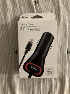 Verizon Black Car Charger for iPhone/iPad/iPod 9 ft Coiled Cable