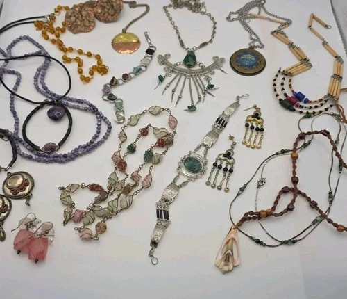 Vintage Boho Hippy Ecclectic Funky Costume Jewelry Lot Mixed Materials Stone Art