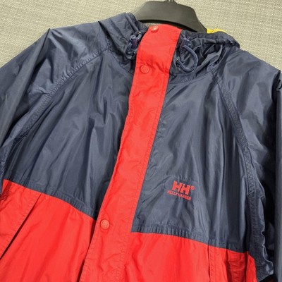 Helly Hansen Jacket Mens Large Blue Red Packable Hooded Full Zip Rain Coat